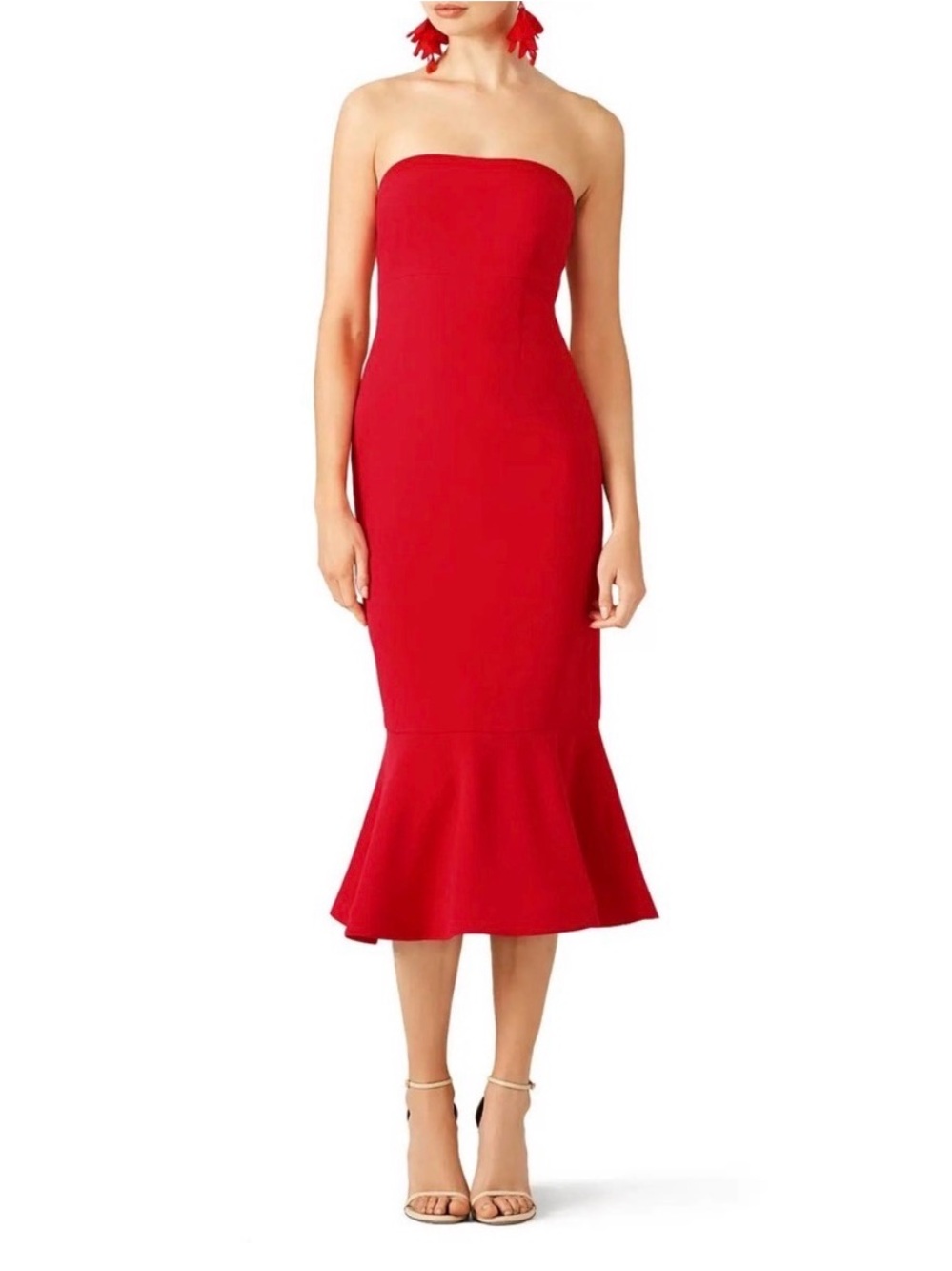 Cinq a Sept Luna Strapless Red Midi Ruffle Dress Size 6